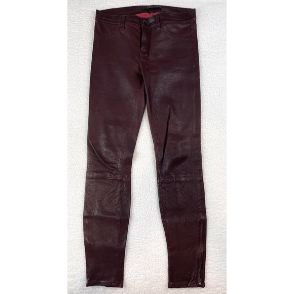 J BRAND • Burgundy Stretch Lamb Leather Skinny Ankle Zip Pants - Picture 8 of 16